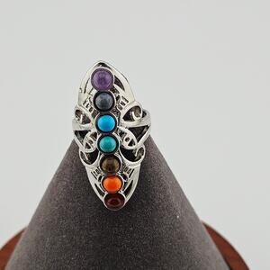 Silver Tone 7 Chakra Stone Statement Ring Earthy Hippie Boho Granola Girl Size 6